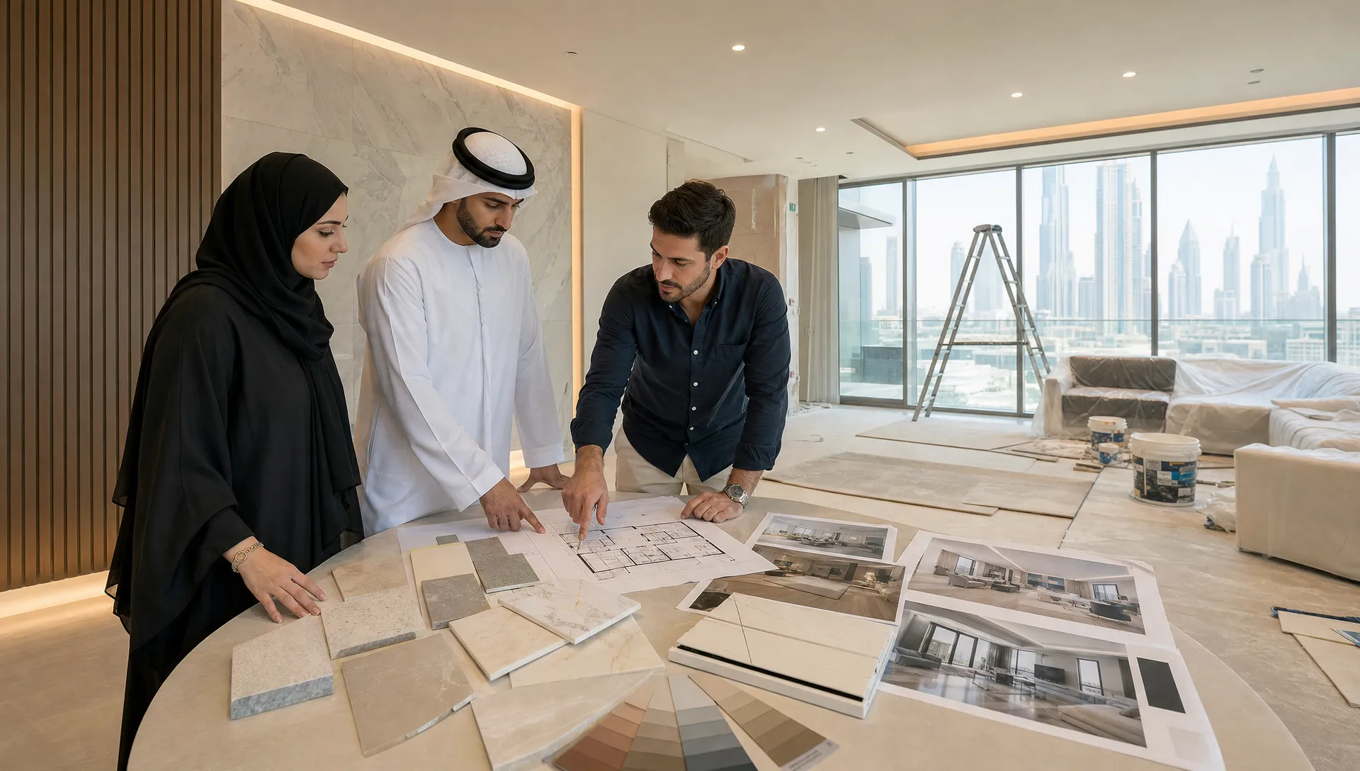A Dubai home renovation meeting with material samples, floor plans and colour boards on a table beside a bright living room under renovation.