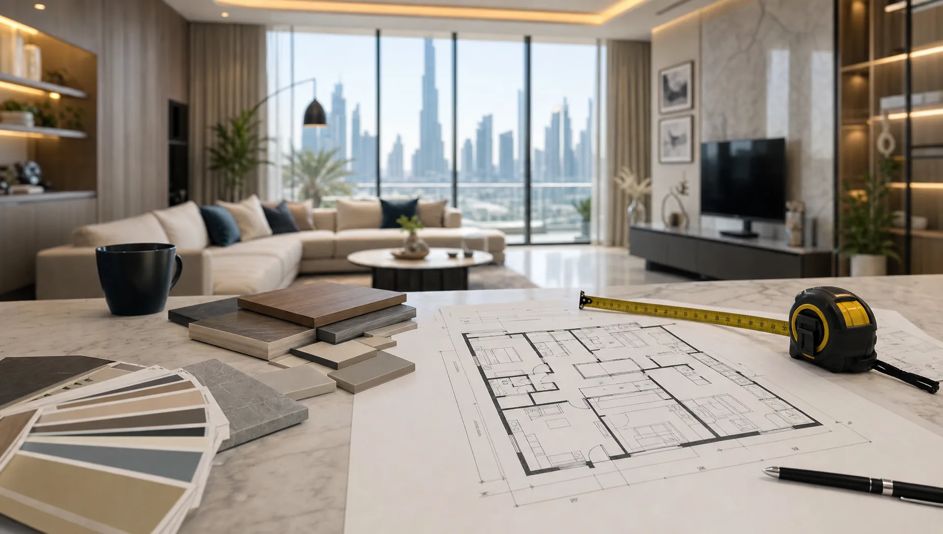 A Dubai home renovation planning scene with floor plans, material samples, measuring tools, and a bright modern living space in the background.