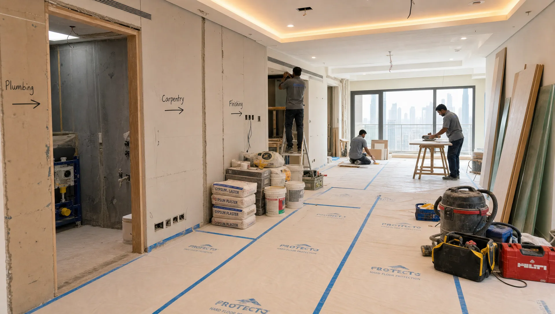 A Dubai home renovation site showing protected flooring, marked walls, organized tools, stacked materials, and workers preparing plumbing, carpentry, and finishing areas in a clean sequence.