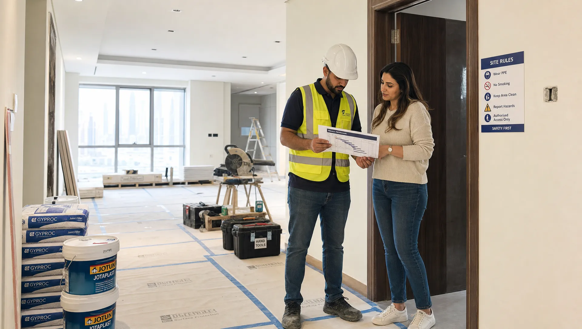 A Dubai home renovation site with protected floors, organised materials, labelled tools and a contractor reviewing a printed schedule with the homeowner beside a doorway in a bright interior space.