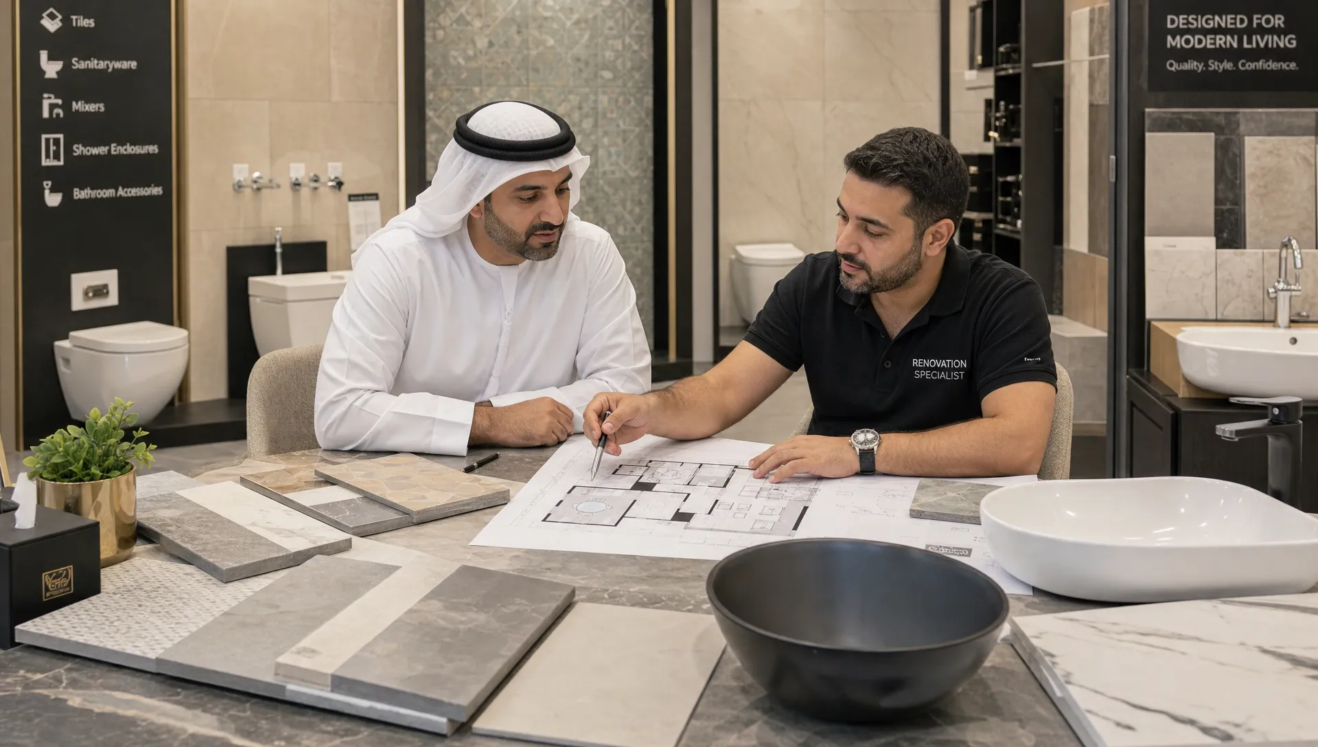 A Dubai homeowner and renovation contractor reviewing bathroom tile samples, sanitary fixtures, and a printed renovation plan in a modern showroom meeting area with sample boards laid out on a table.