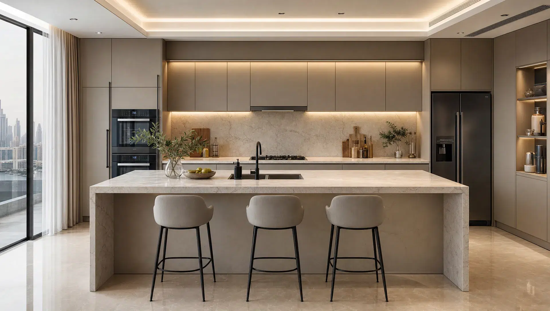 A Dubai kitchen fit out with a stone island, built-in appliances, concealed storage and under-cabinet lighting for everyday family use.