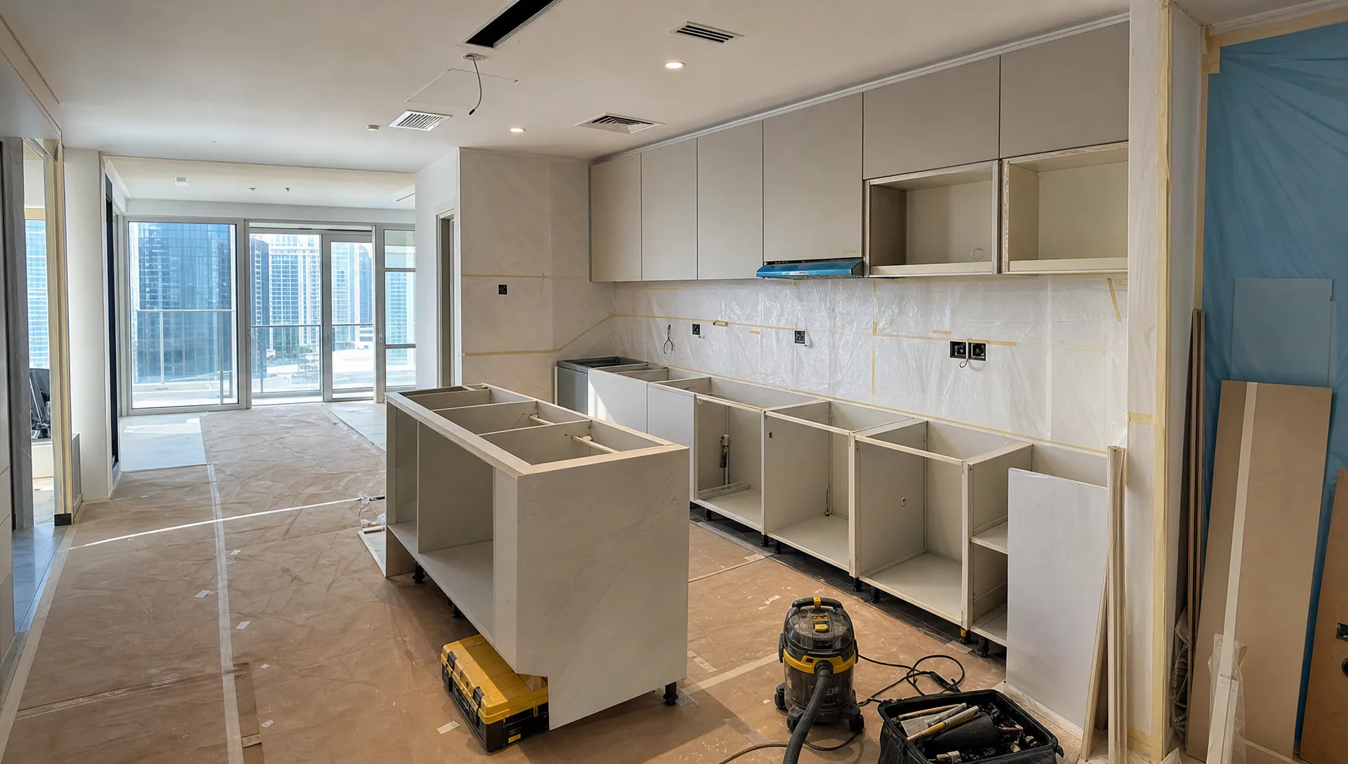 A Dubai kitchen renovation in progress with covered floors, organized tools, partially installed cabinets and protected walls in a clean apartment interior.