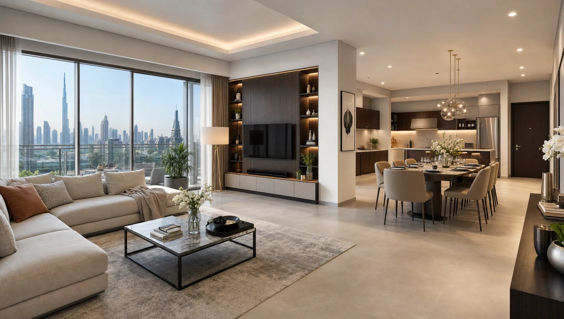 A Dubai living and dining area shows continuous flooring, built-in storage, layered ceiling lighting and an open flow to the kitchen.