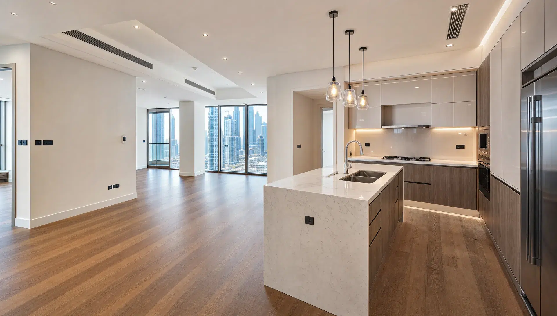 A Dubai open-plan home interior with a modern kitchen, repaired walls, new wooden flooring and visible electrical and plumbing work.