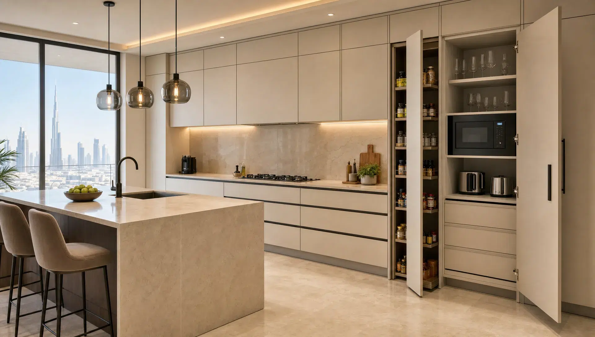 A modern Dubai apartment kitchen with ceiling-height cabinets, wide drawers, a slim pull-out pantry and hidden appliance storage keeps the space uncluttered.
