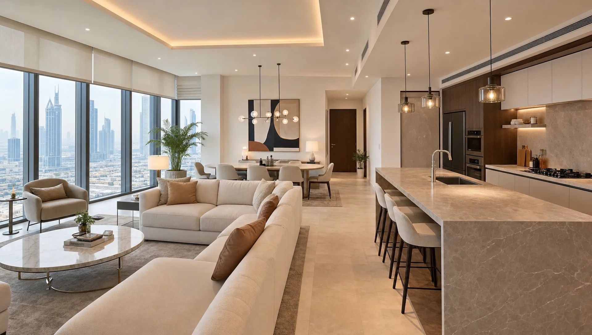 A modern Dubai home interior with an open living and dining area, a refined kitchen with stone countertops, built-in storage, warm layered lighting, large shaded windows, and durable neutral flooring suited to a bright urban home.