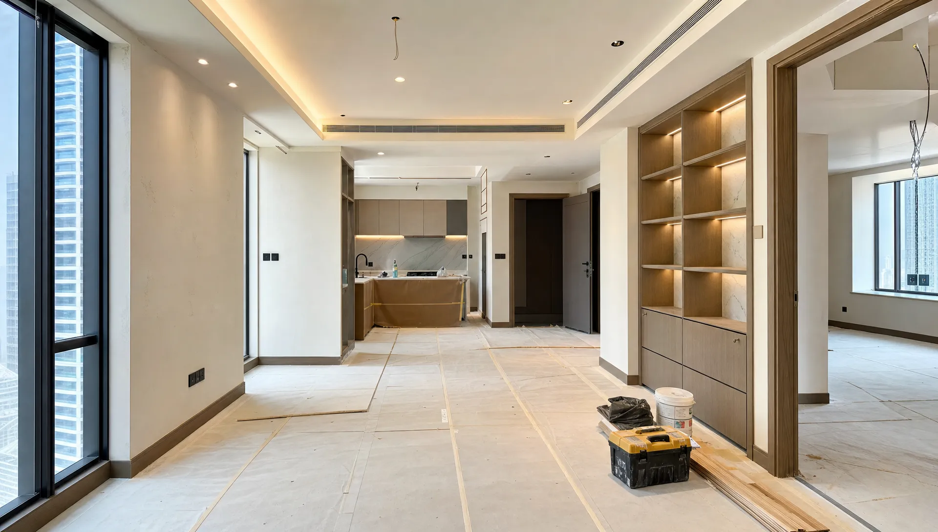 A modern Dubai home renovation in progress, with protected flooring, fresh wall finishes, custom cabinetry being installed, and a clear view from the living area toward the adjoining rooms.