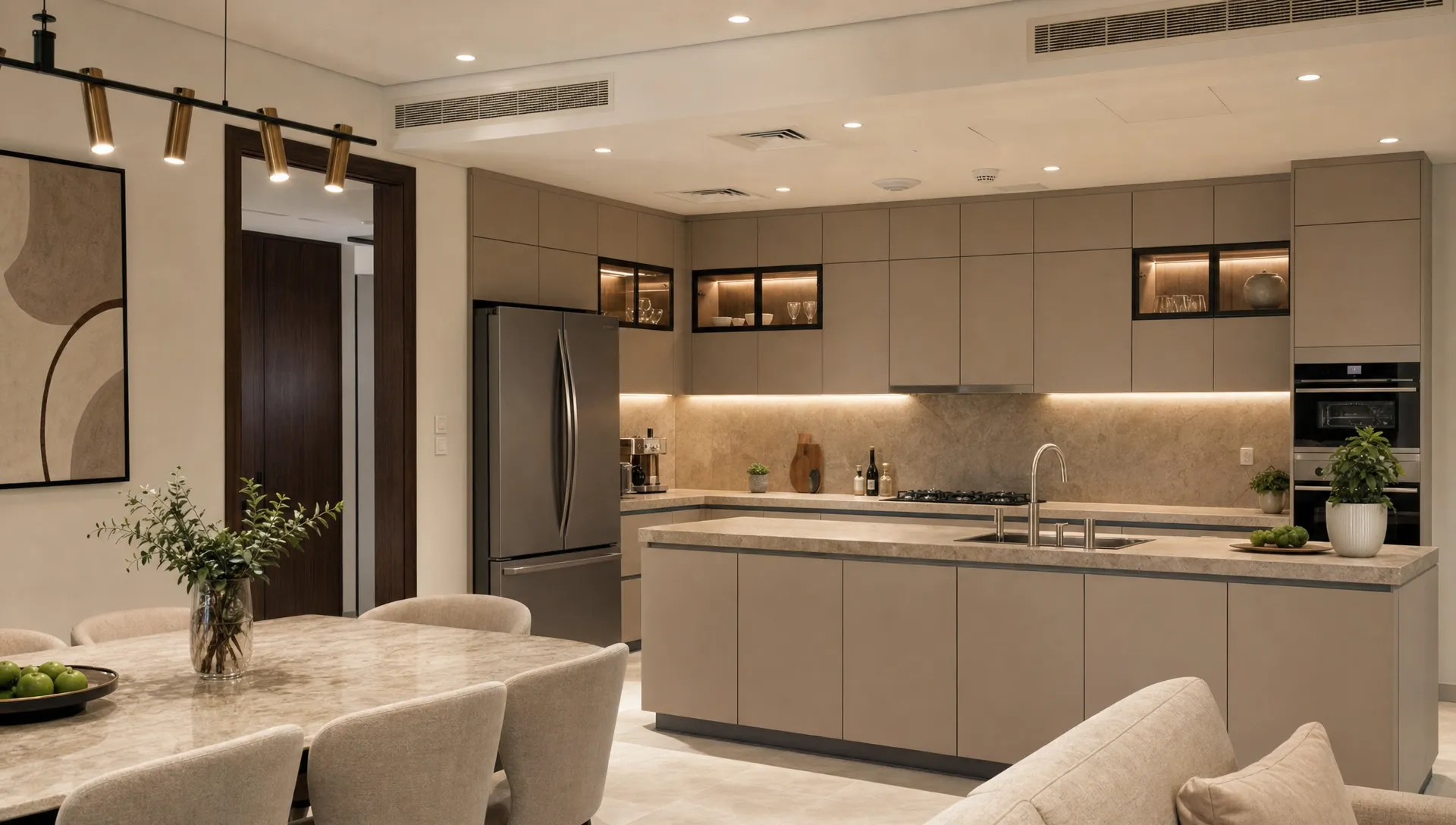A modern Dubai kitchen remodel shown from the dining side, with warm neutral cabinets, a stone countertop, under-cabinet lighting, clear work surfaces, and a small dining area connected to the kitchen.