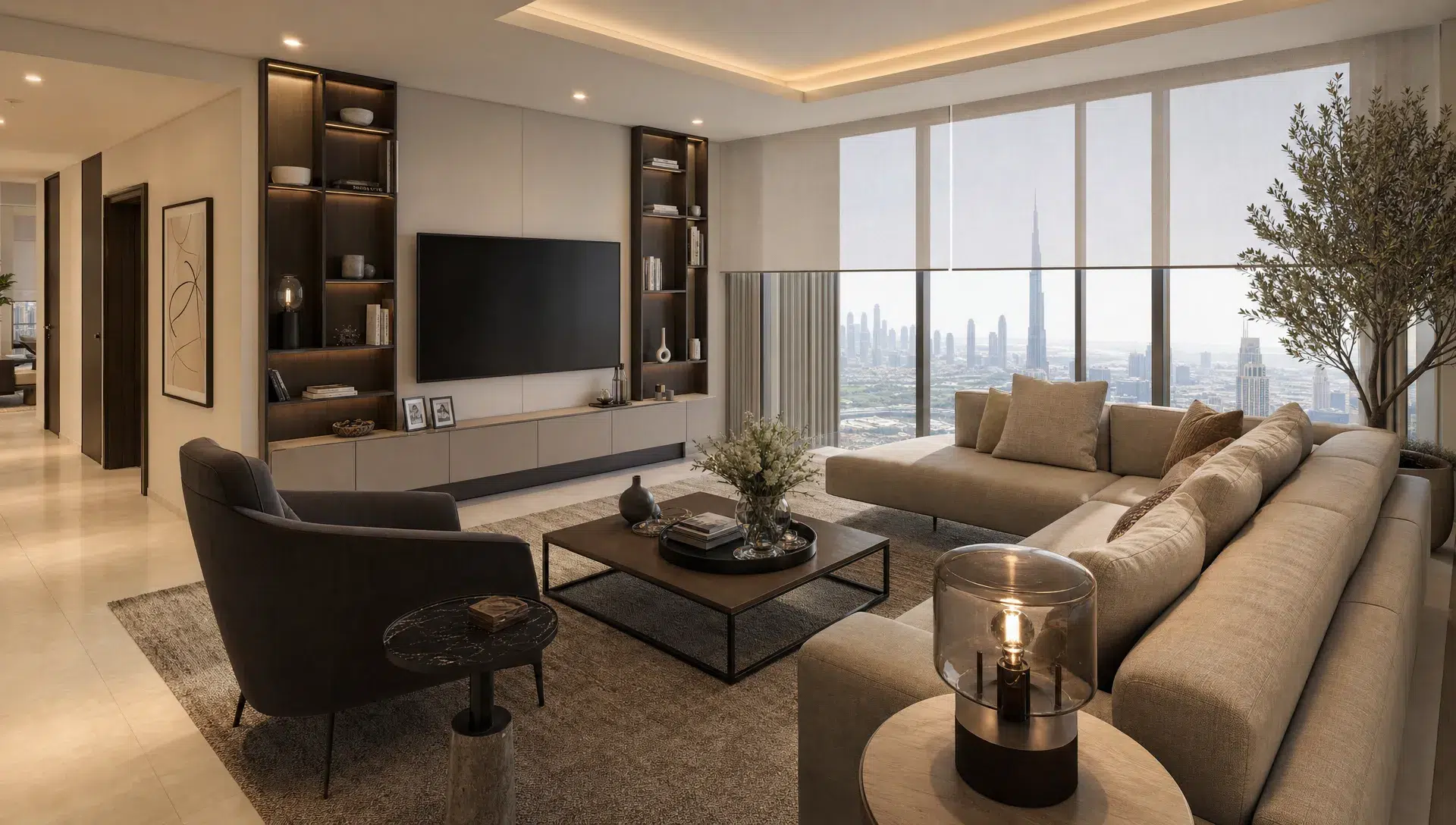 A modern Dubai living room seen from the corner, with warm layered lighting, shaded floor-to-ceiling windows, built-in storage, neutral finishes, and a flexible seating area designed for family comfort.