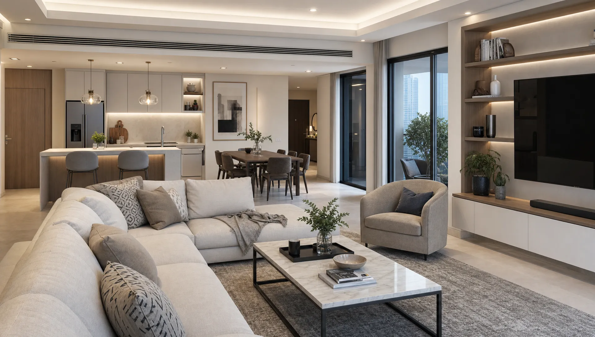 A renovated Dubai home shows a custom kitchen opening into a comfortable living area with built-in storage and clear family zones.