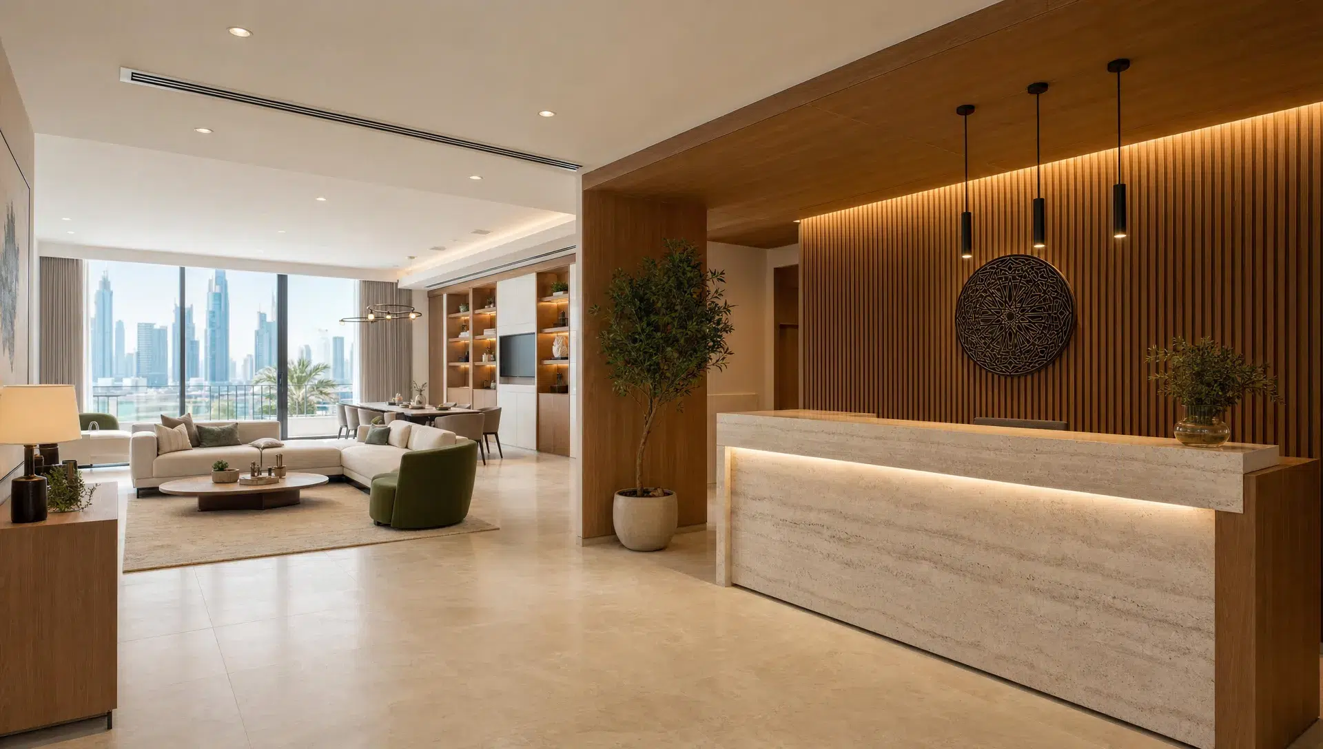 A renovated Dubai interior combining a bright open-plan living area with a refined commercial-style reception corner, showing warm wood finishes, stone flooring, soft lighting, built-in storage, and a clean modern layout.