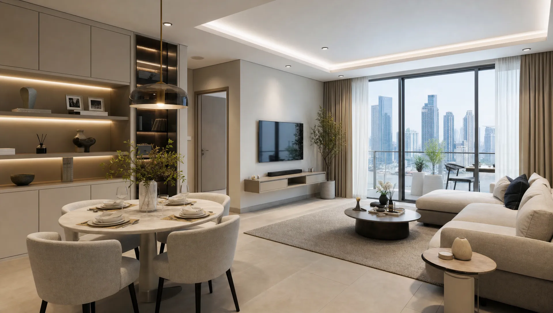 A renovated Dubai living and dining area connects built-in storage, a compact dining space, neutral flooring and a bright balcony.