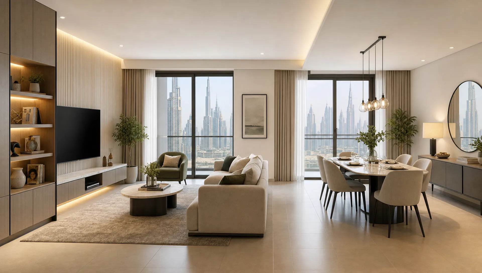 A renovated Dubai living and dining area shows built-in storage, a clear walkway and furniture placed for easy movement.