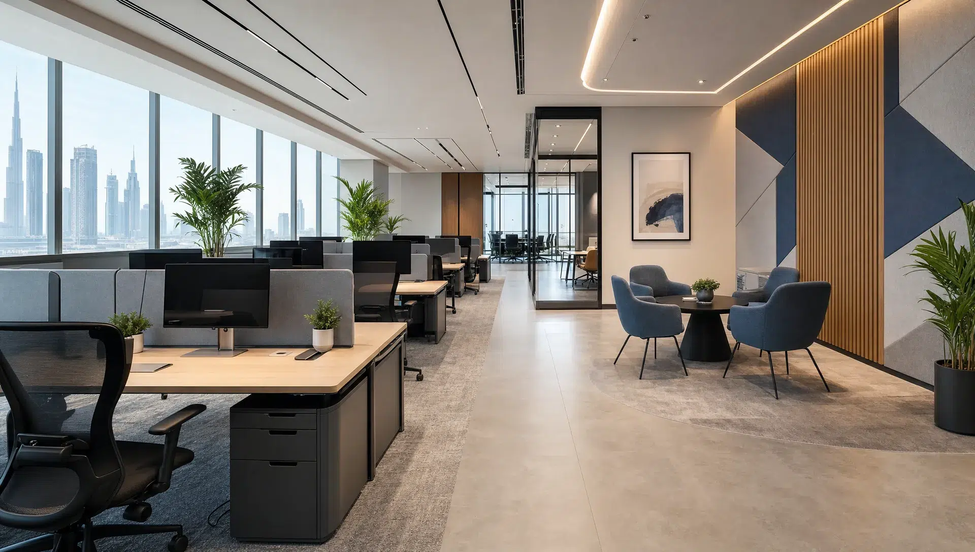 A renovated Dubai office shows ergonomic workstations, acoustic wall panels, a small collaboration area and clear walkways between zones.