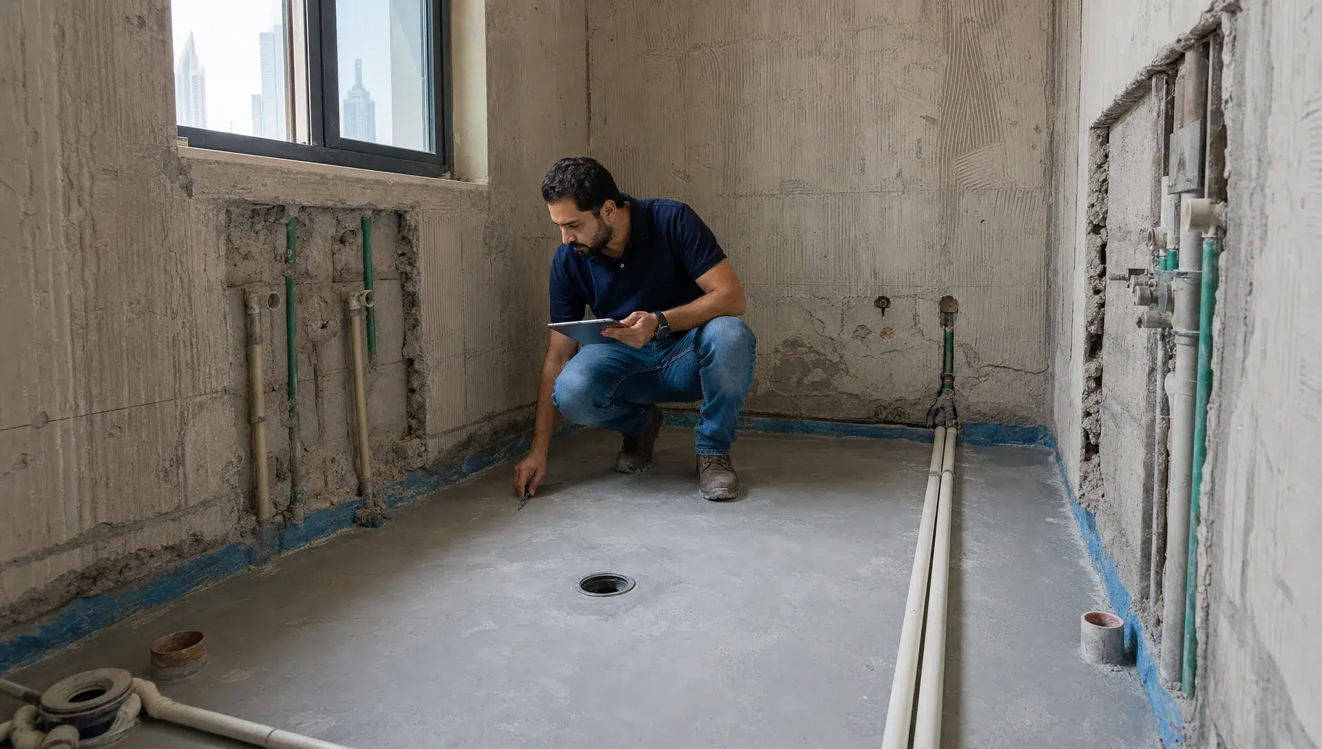 A renovation expert inspects a stripped Dubai bathroom, checking exposed plumbing, floor levels and waterproofing before new tiles go in.