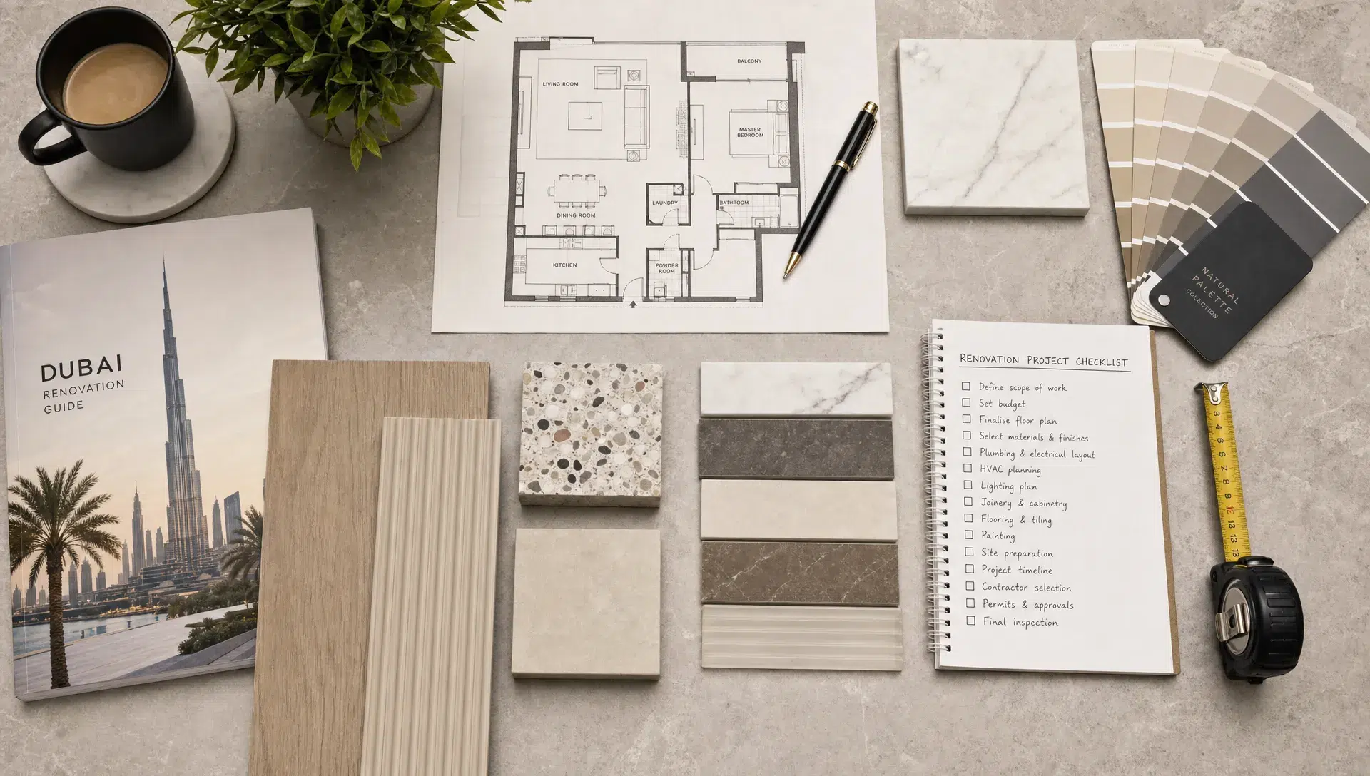 An overhead view of a Dubai renovation planning table with material samples, floor plans, paint swatches, tile pieces, a measuring tape, and a written project checklist arranged neatly on the surface.