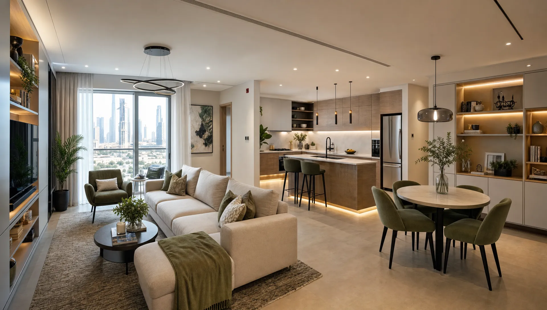 Wide landscape interior scene of a renovated Dubai home showing an open living area connected to a modern kitchen, with built-in storage, layered lighting, and a compact dining zone arranged for everyday use. No people visible; the view should feel balanced and practical, with the kitchen and living zones clearly connected but distinct.