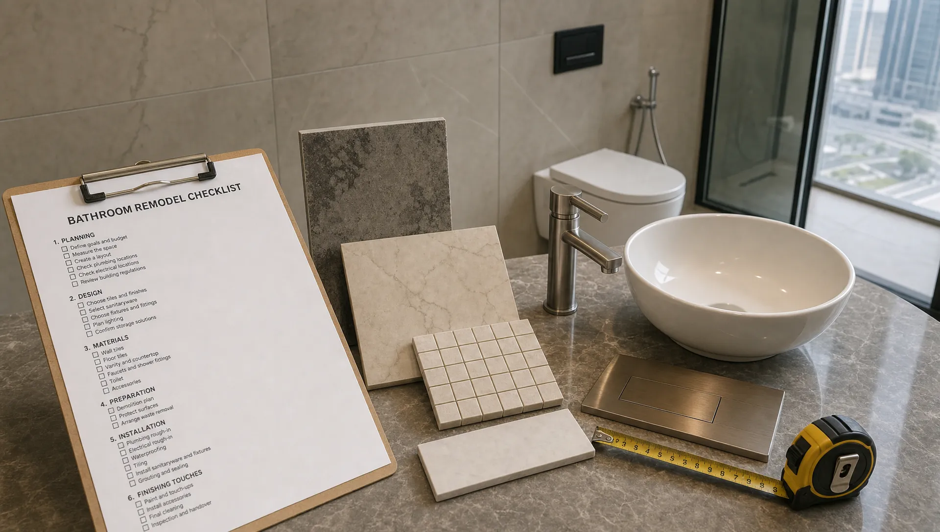 A bathroom remodel checklist sits beside tile samples, sanitaryware finishes and a measuring tape in a Dubai apartment bathroom before work begins.