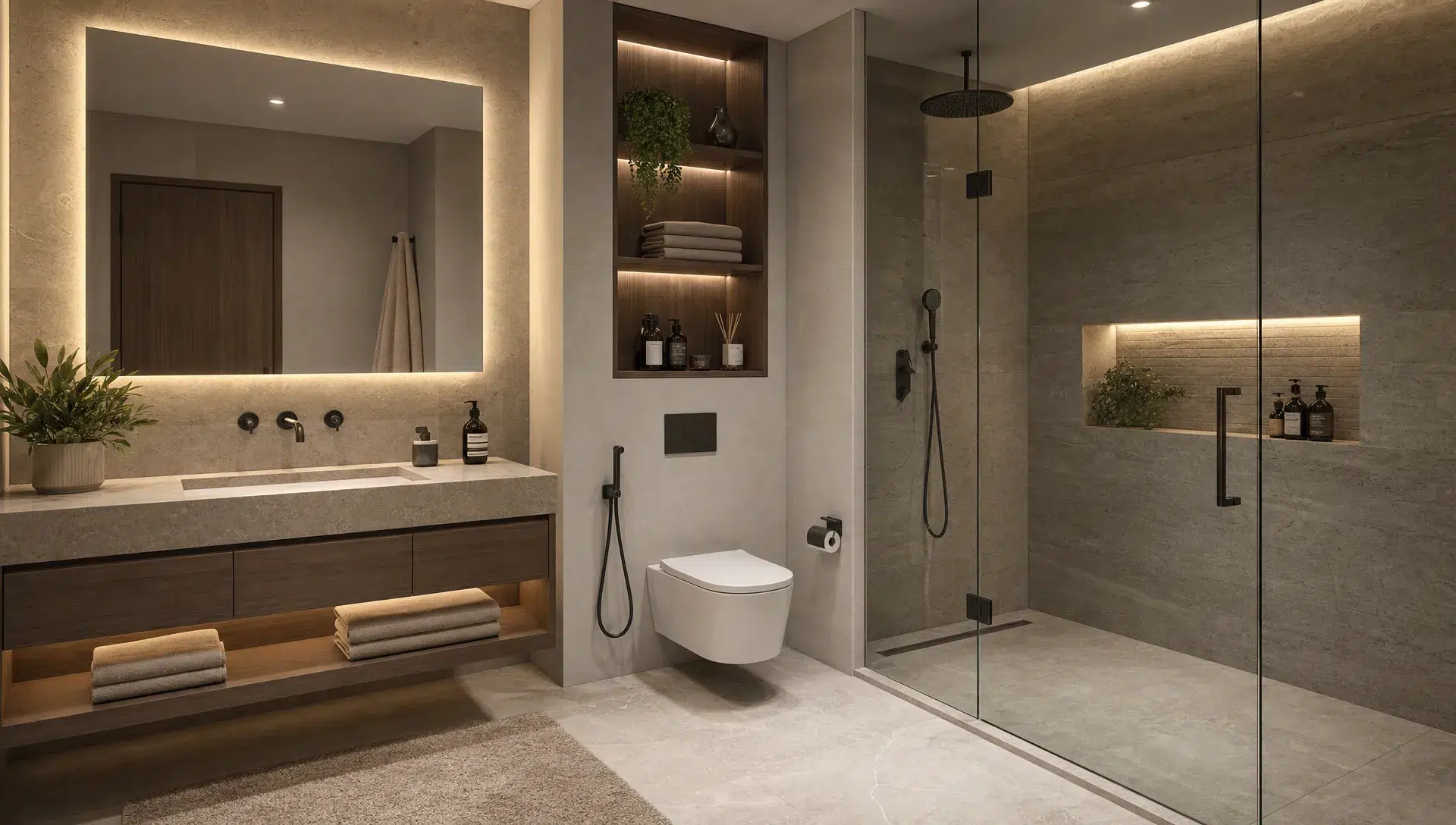 A contemporary Dubai bathroom with a floating vanity, walk-in glass shower, stone tiles, a recessed niche and neatly arranged storage.