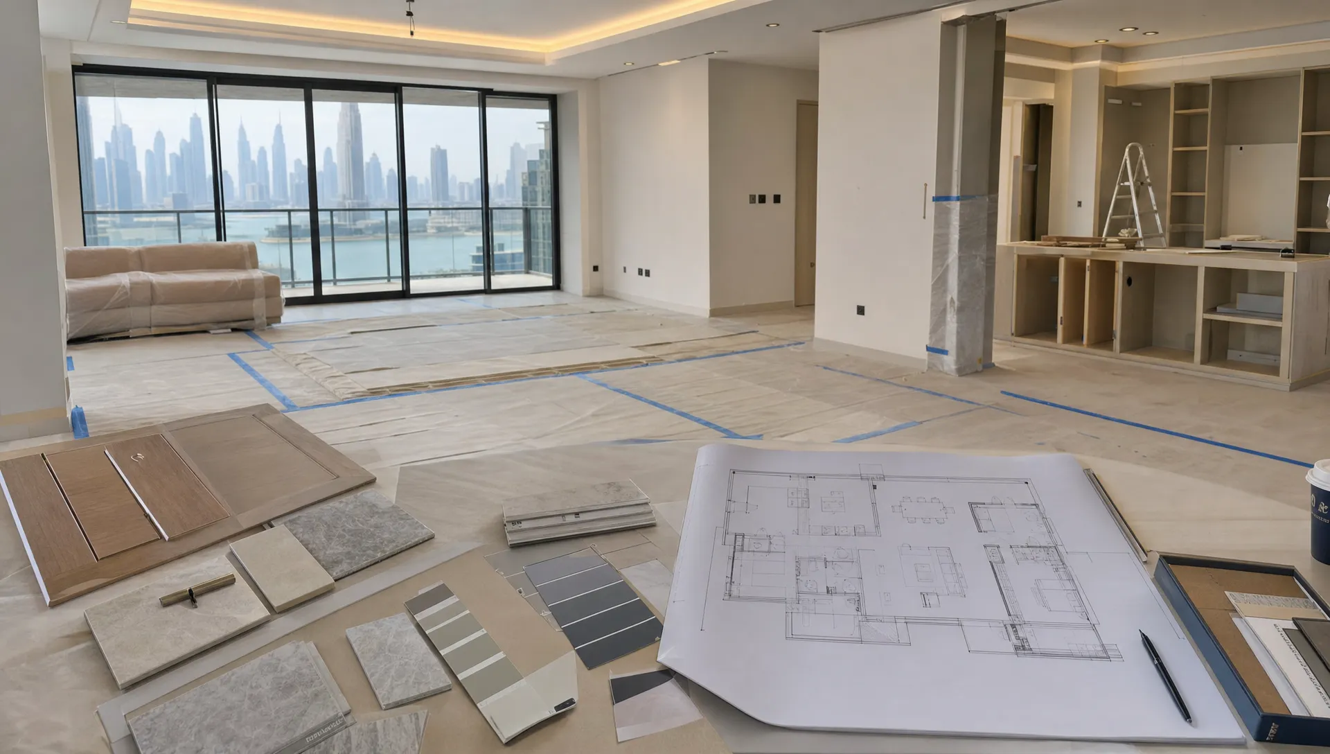 A Dubai apartment living and dining area under renovation with covered flooring, material samples, paint swatches, cabinet doors and a project plan laid out for review.