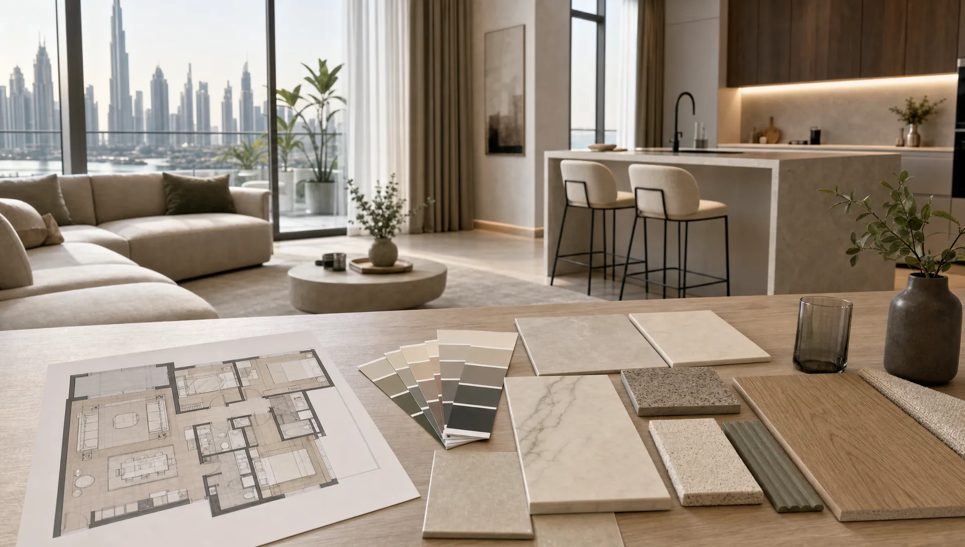A Dubai apartment living and kitchen area is planned with flooring samples, paint swatches, tiles and a floor plan on the table.