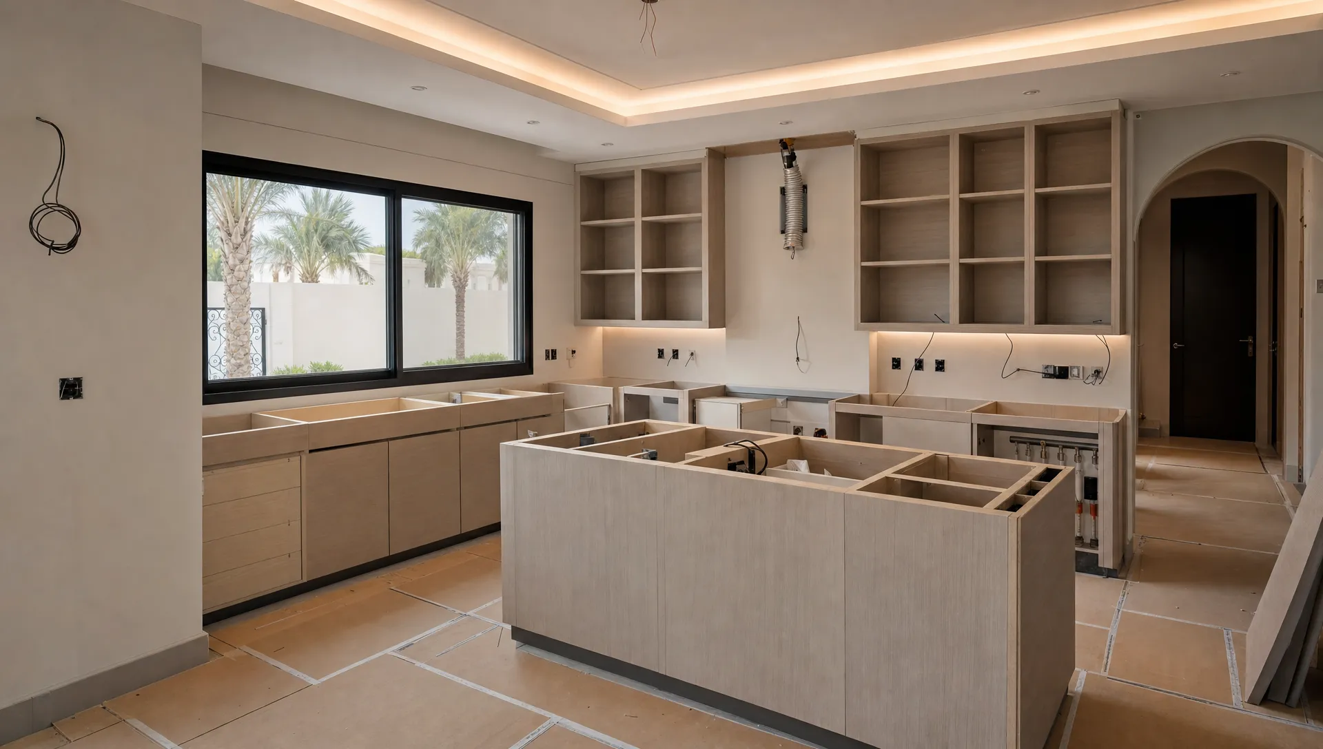 A Dubai home kitchen mid-renovation with cabinet frames, exposed plumbing and electrical points, and floor protection in place.