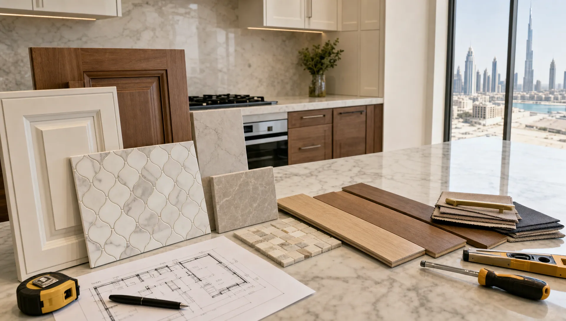 A Dubai home remodel shows kitchen cabinets, tile samples, flooring planks, and tools arranged for coordinated planning.