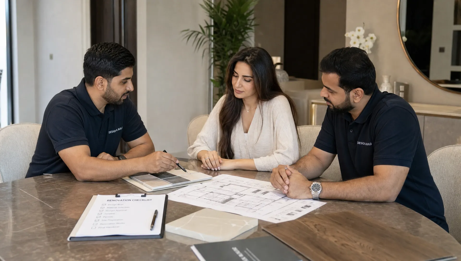 A Dubai homeowner reviews material samples, floor plans, and a renovation checklist with contractors at a dining table before work begins.
