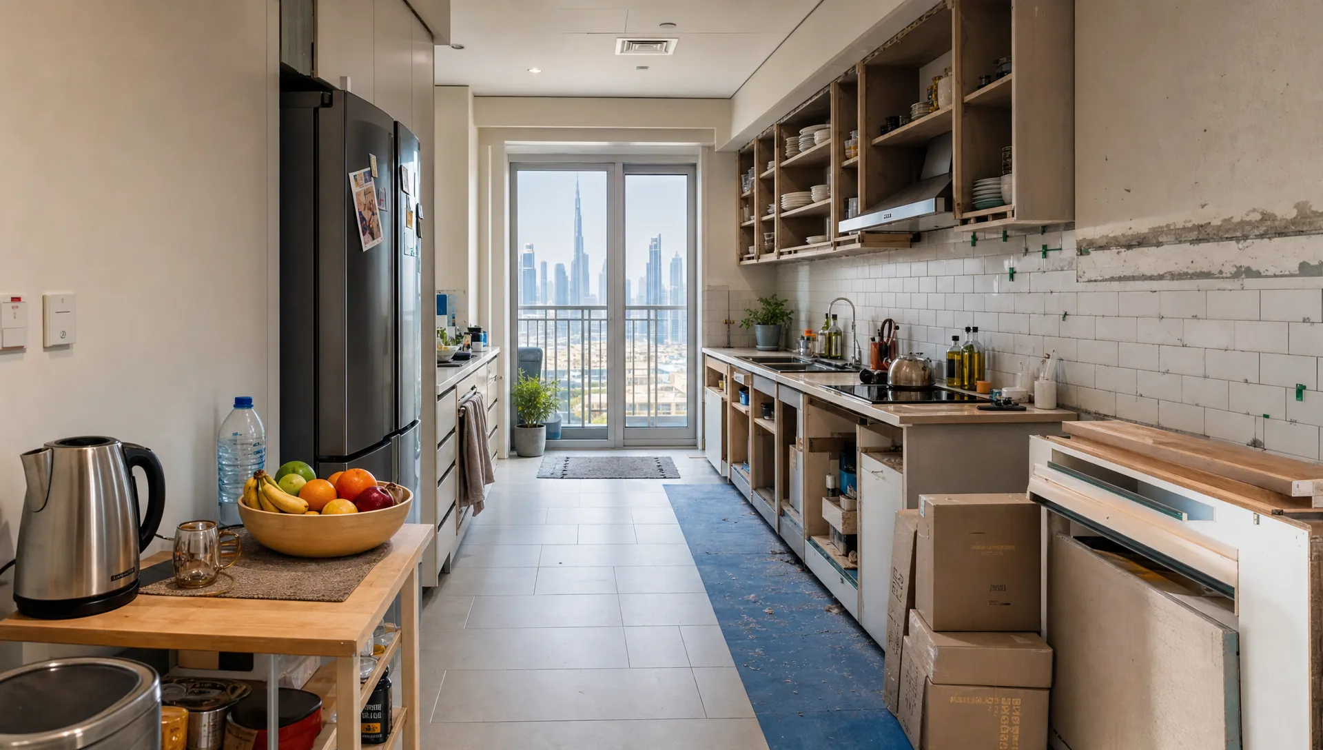 A Dubai kitchen renovation continues around a temporary kettle station and stacked cabinet parts.