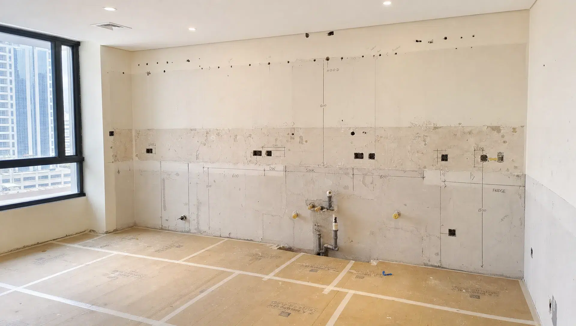 A Dubai kitchen renovation site shows protected flooring, removed cabinets, plumbing lines and marked electrical points.