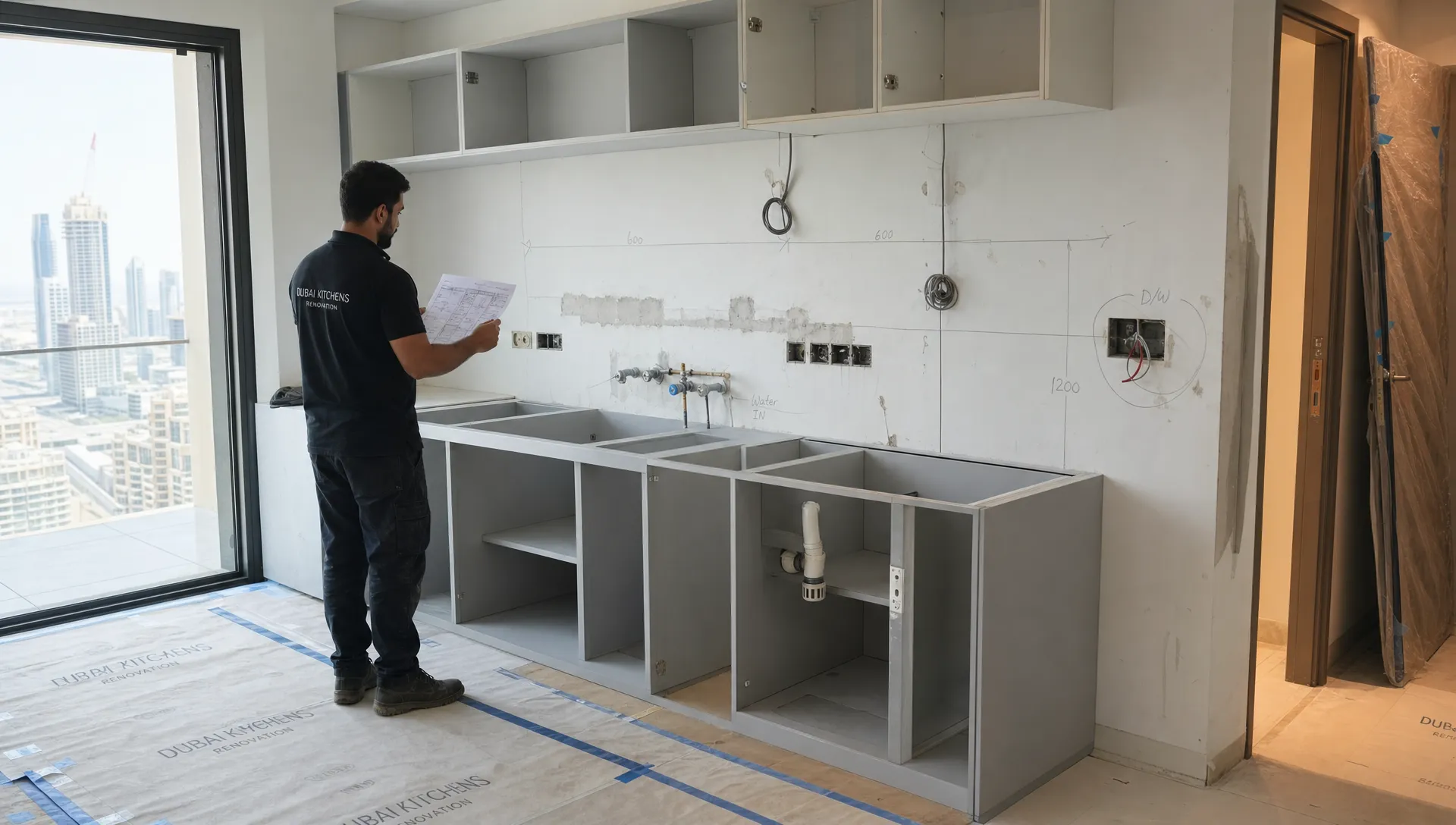 A Dubai kitchen renovation site with unfinished cabinets, measured wall markings, protected flooring and a contractor reviewing plumbing and electrical points before installation.