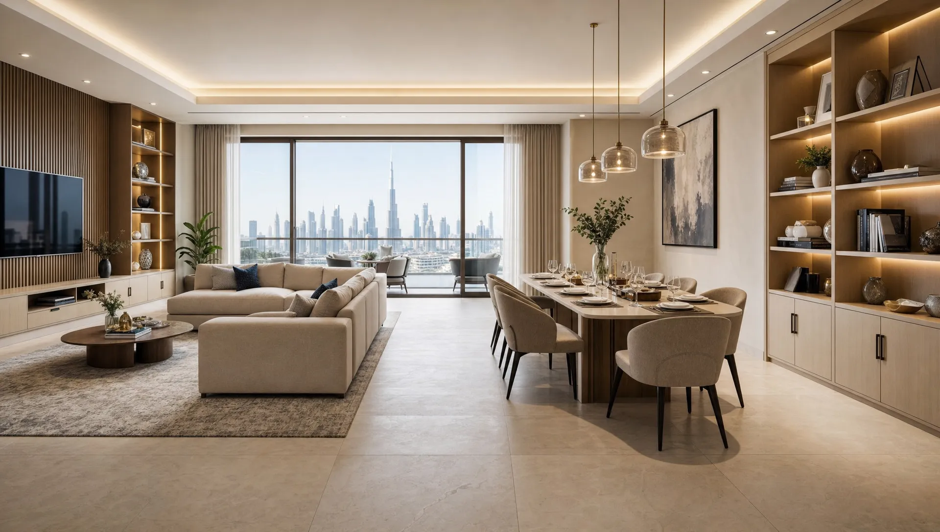 A Dubai living and dining area shows durable flooring, layered lighting, and custom storage integrated into a bright open layout.