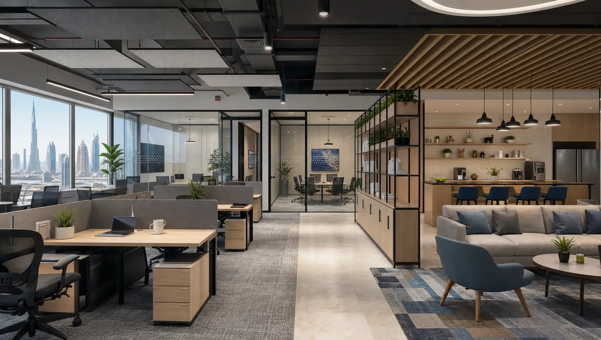 A Dubai office interior with flexible work zones, glass meeting rooms, acoustic panels, built-in storage, and a breakout area for hybrid teams.