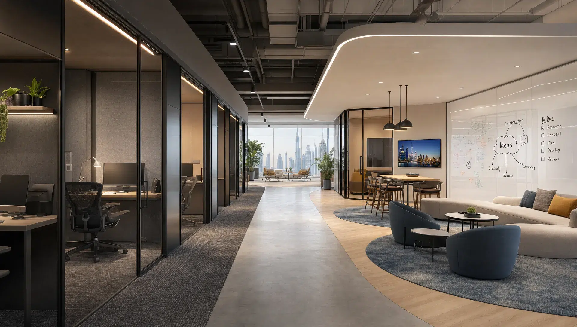 A Dubai office is divided into quiet focus areas and collaborative zones for modern teams.