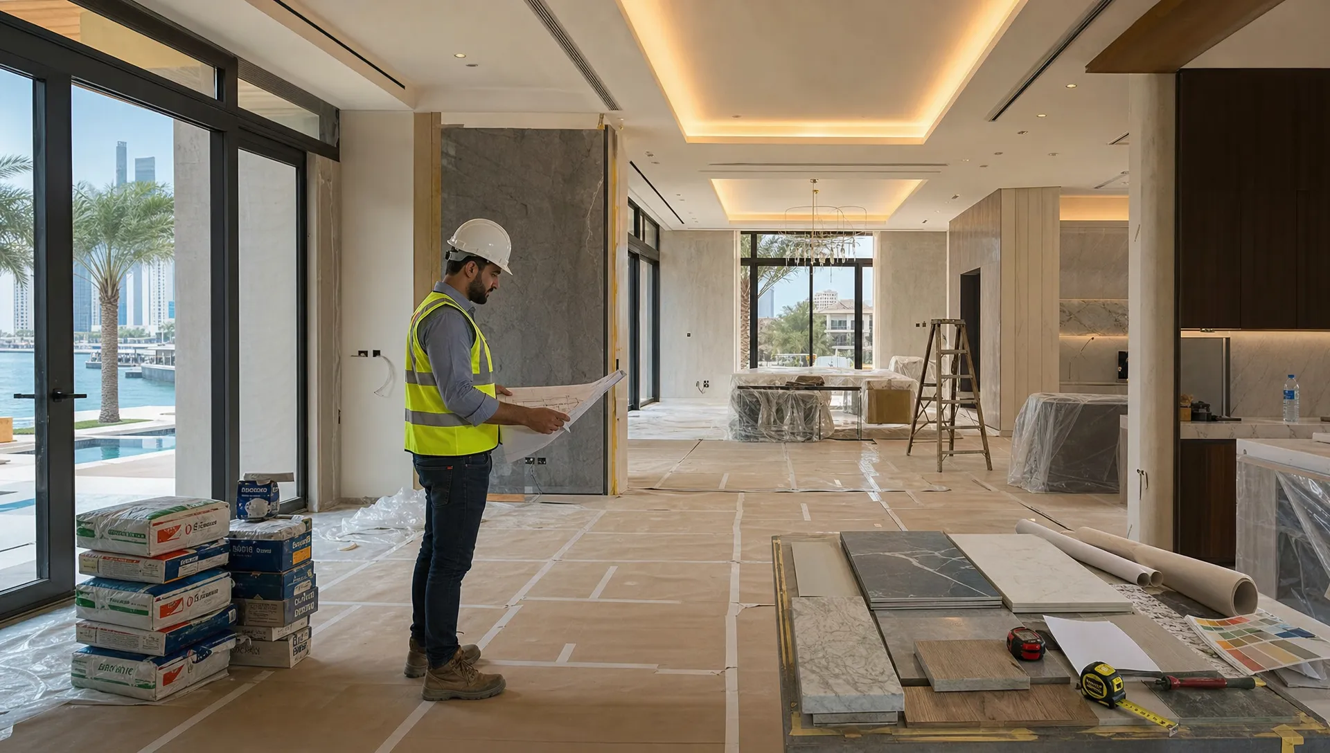 A Dubai villa interior under renovation shows protected flooring, material samples, tools and a supervisor reviewing plans.