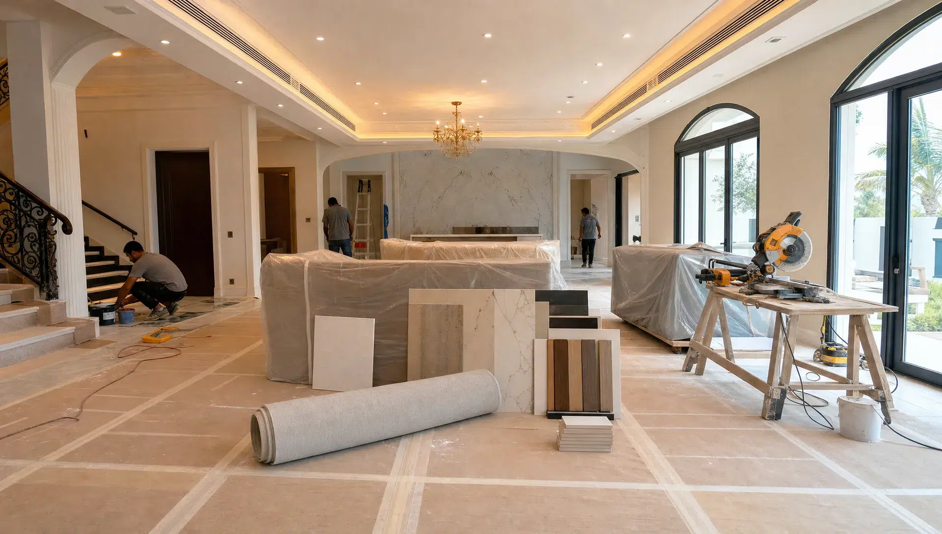 A Dubai villa living area under organised renovation, with protected flooring, covered furniture, stacked samples, tools, and workers preparing for new finishes.