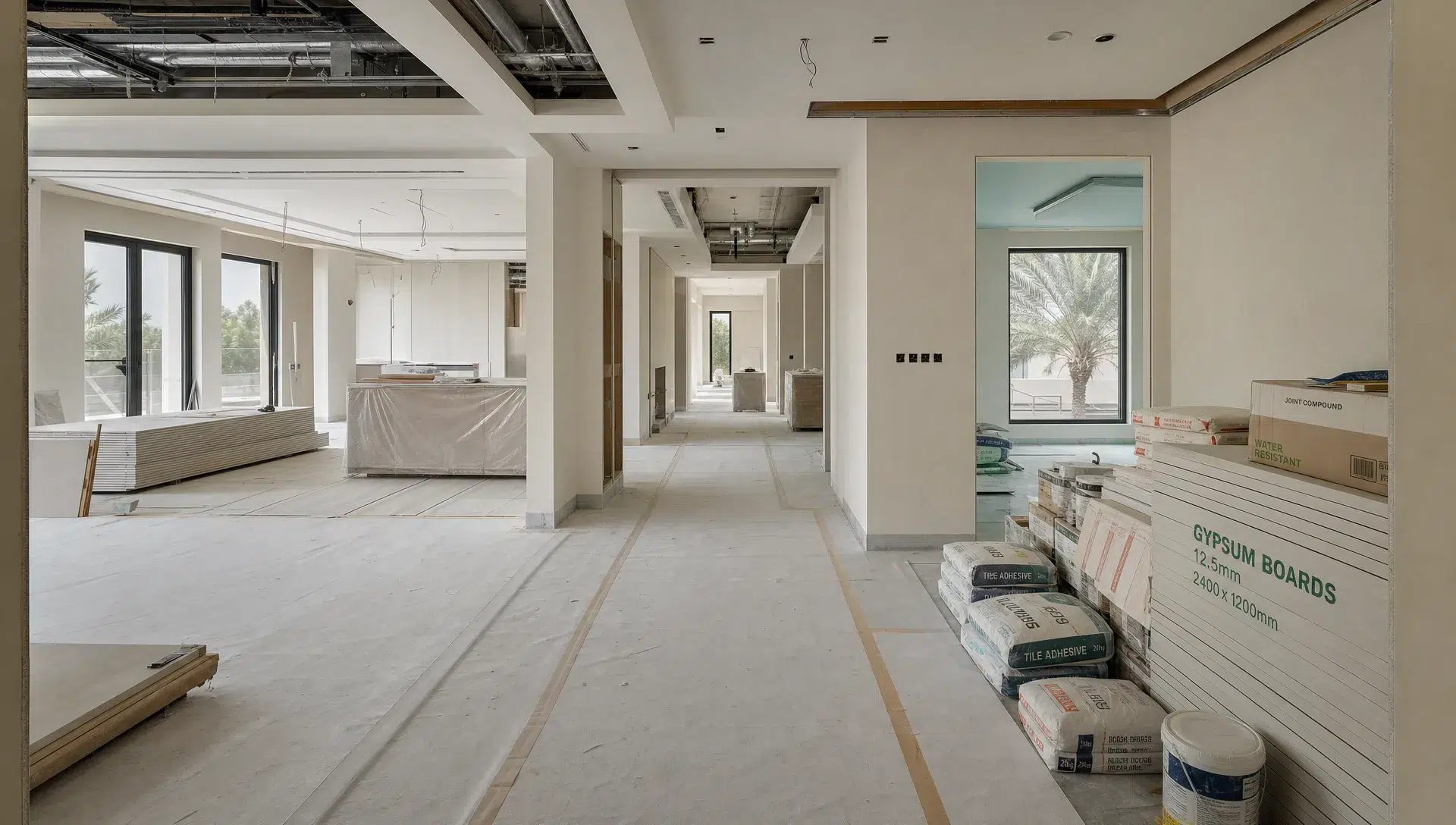 A Dubai villa renovation site with protected floors, stacked materials, and exposed services throughout the interior.