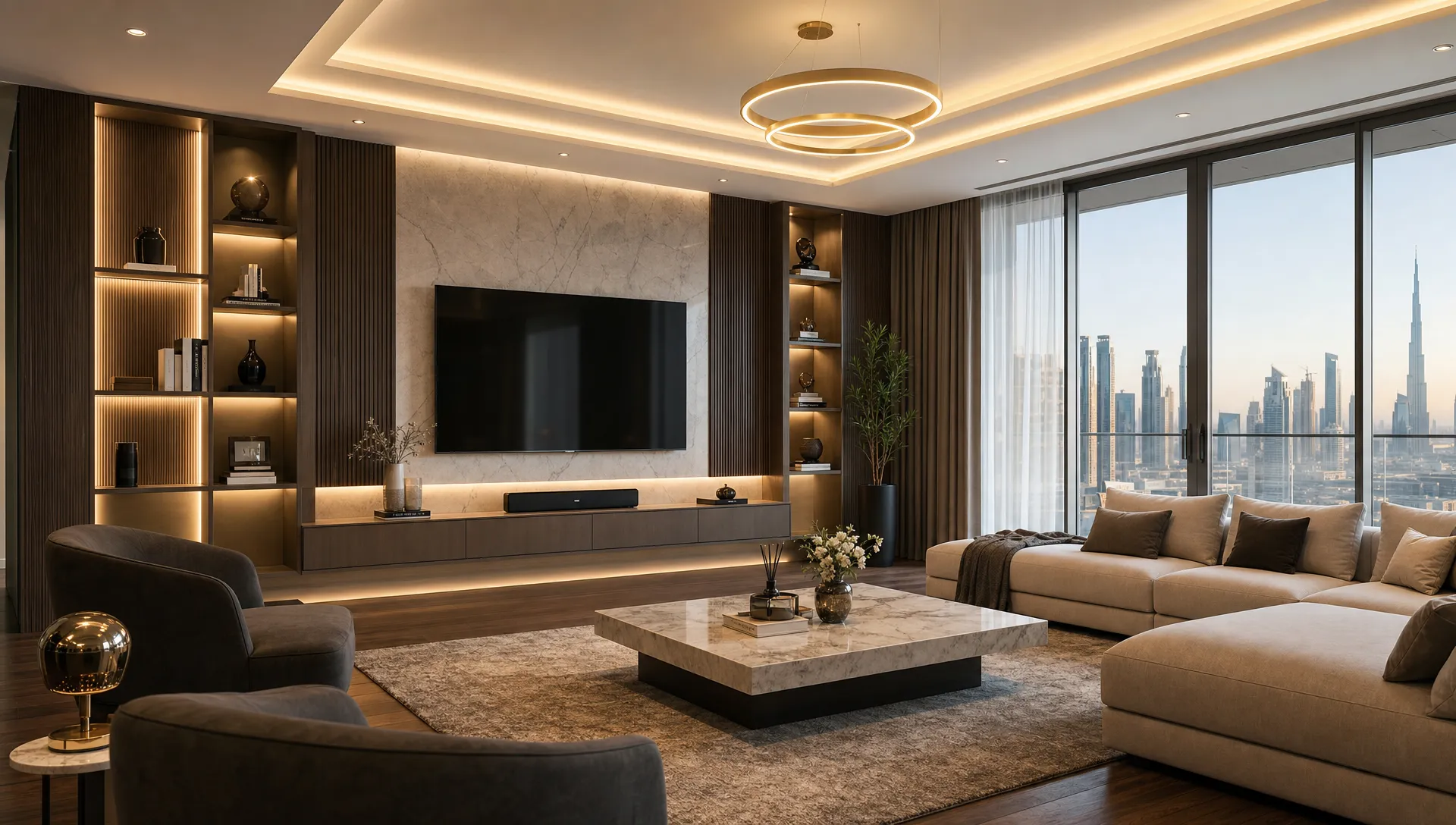 A finished Dubai living room with a custom TV wall, built-in shelving, layered ceiling lights, wooden flooring and tall windows.
