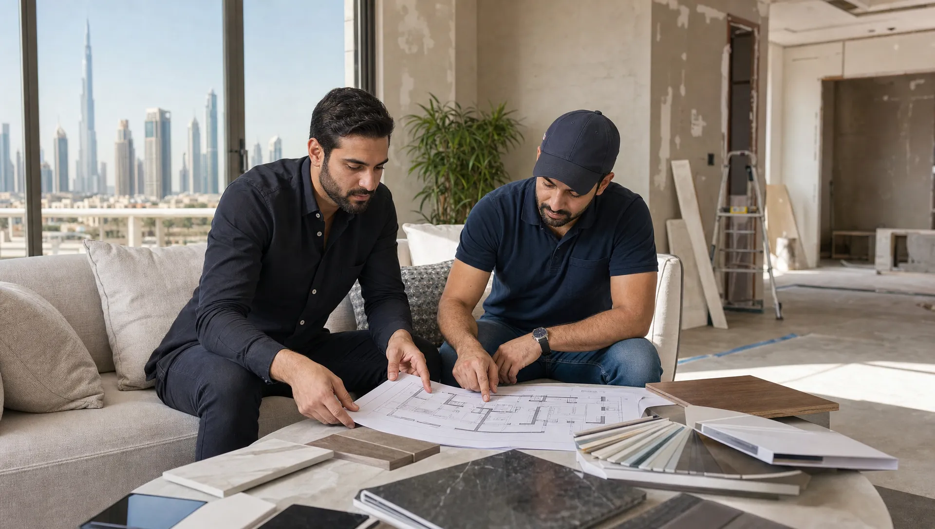 A homeowner and contractor review floor plans and finish samples in a Dubai living room during renovation planning.
