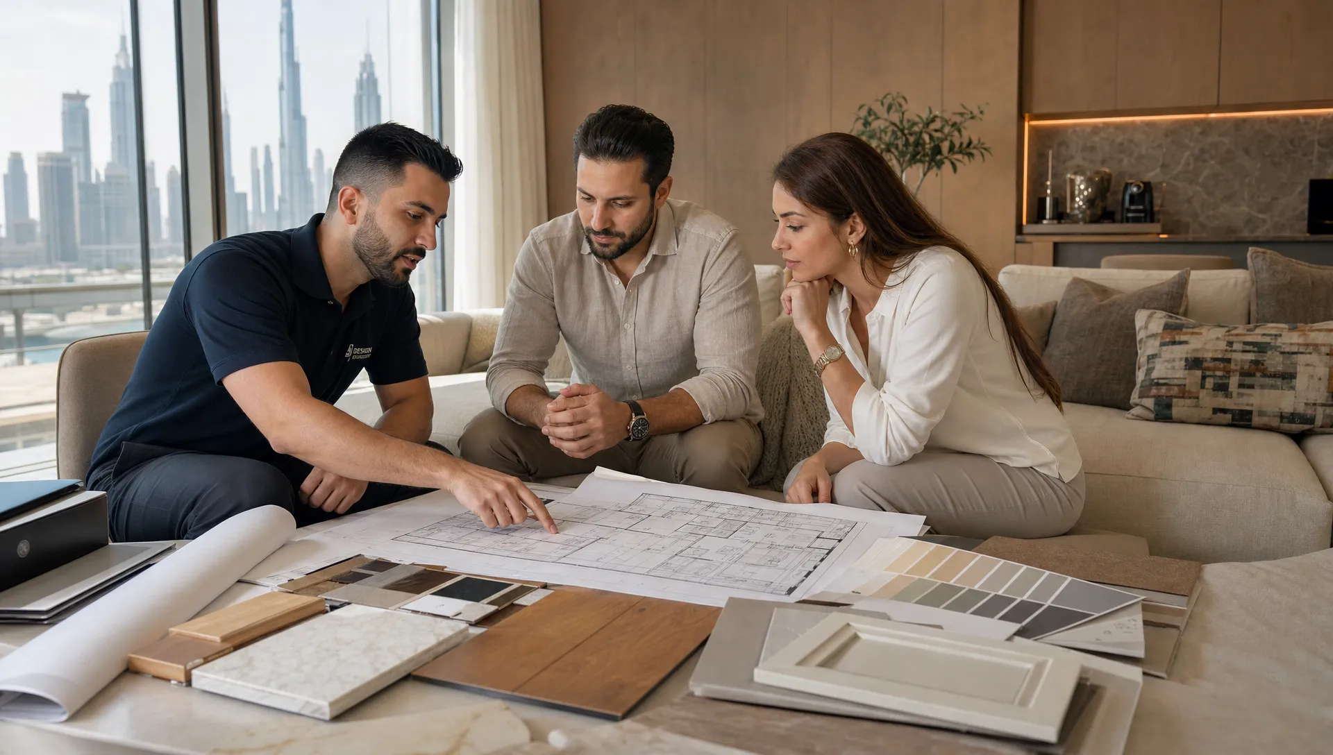 A homeowner reviews renovation plans with contractors beside flooring, paint swatches and cabinetry samples in a Dubai living room.