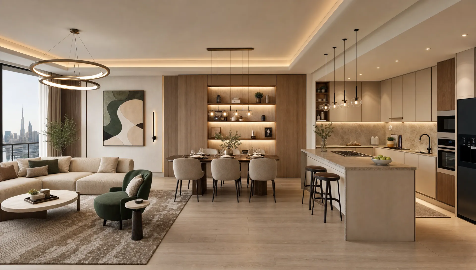 A renovated Dubai living and dining area flows into an open kitchen with connected flooring, built-in storage, layered lighting, and matching wood accents.