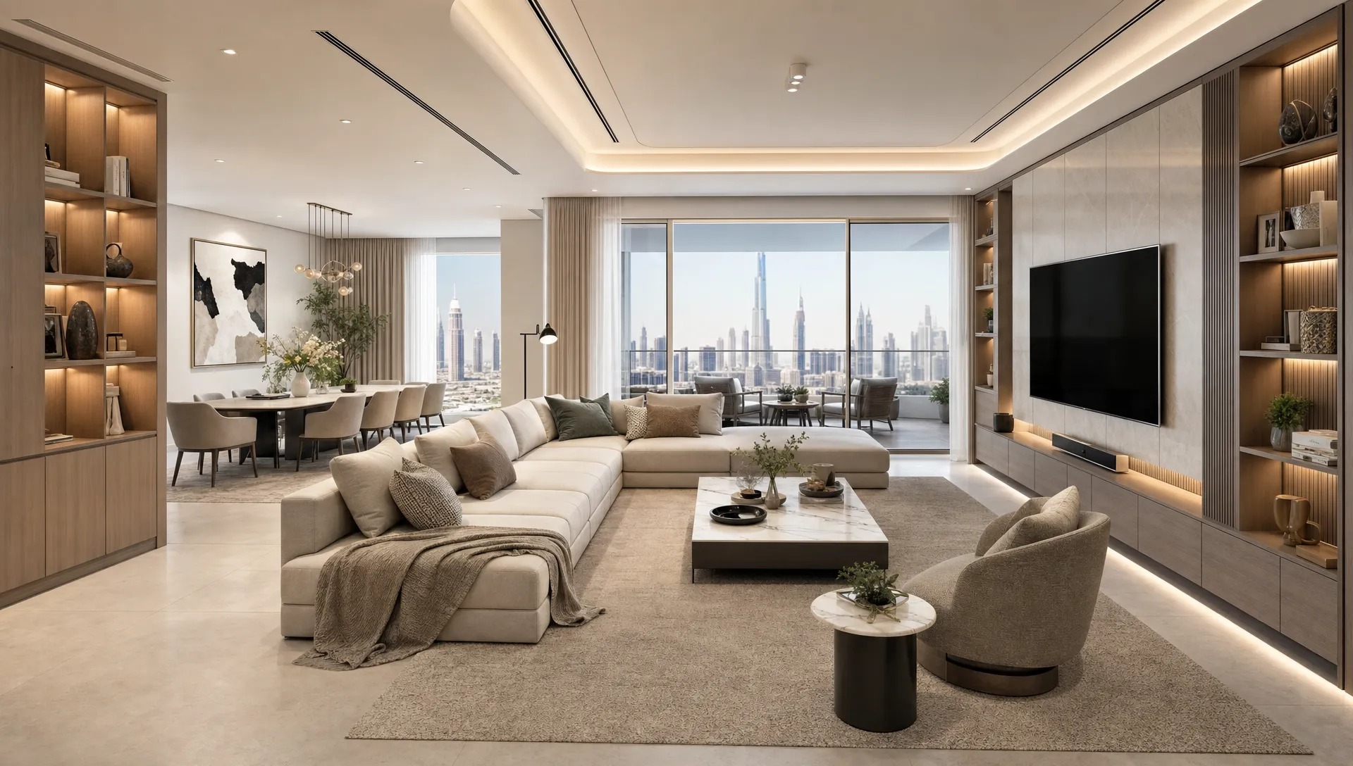 A renovated Dubai living room with zoned seating, hidden storage, layered lighting and an open layout.