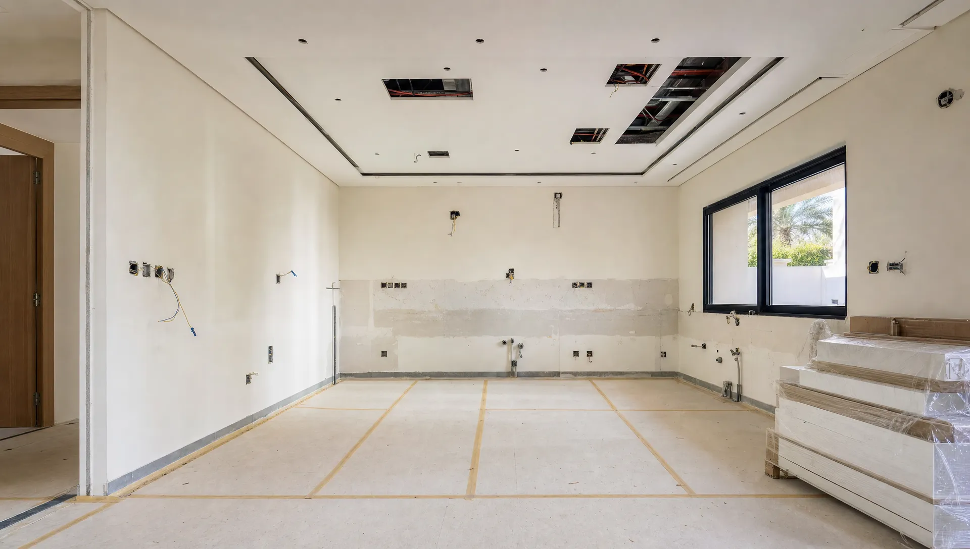 An empty Dubai villa kitchen shows protected floors, exposed services, and materials ready for a remodel.