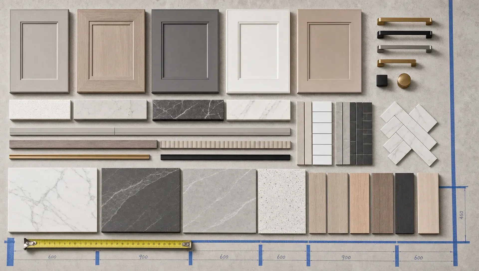 Cabinet fronts, tile strips and measurement lines form a structured pattern for a Dubai kitchen renovation.