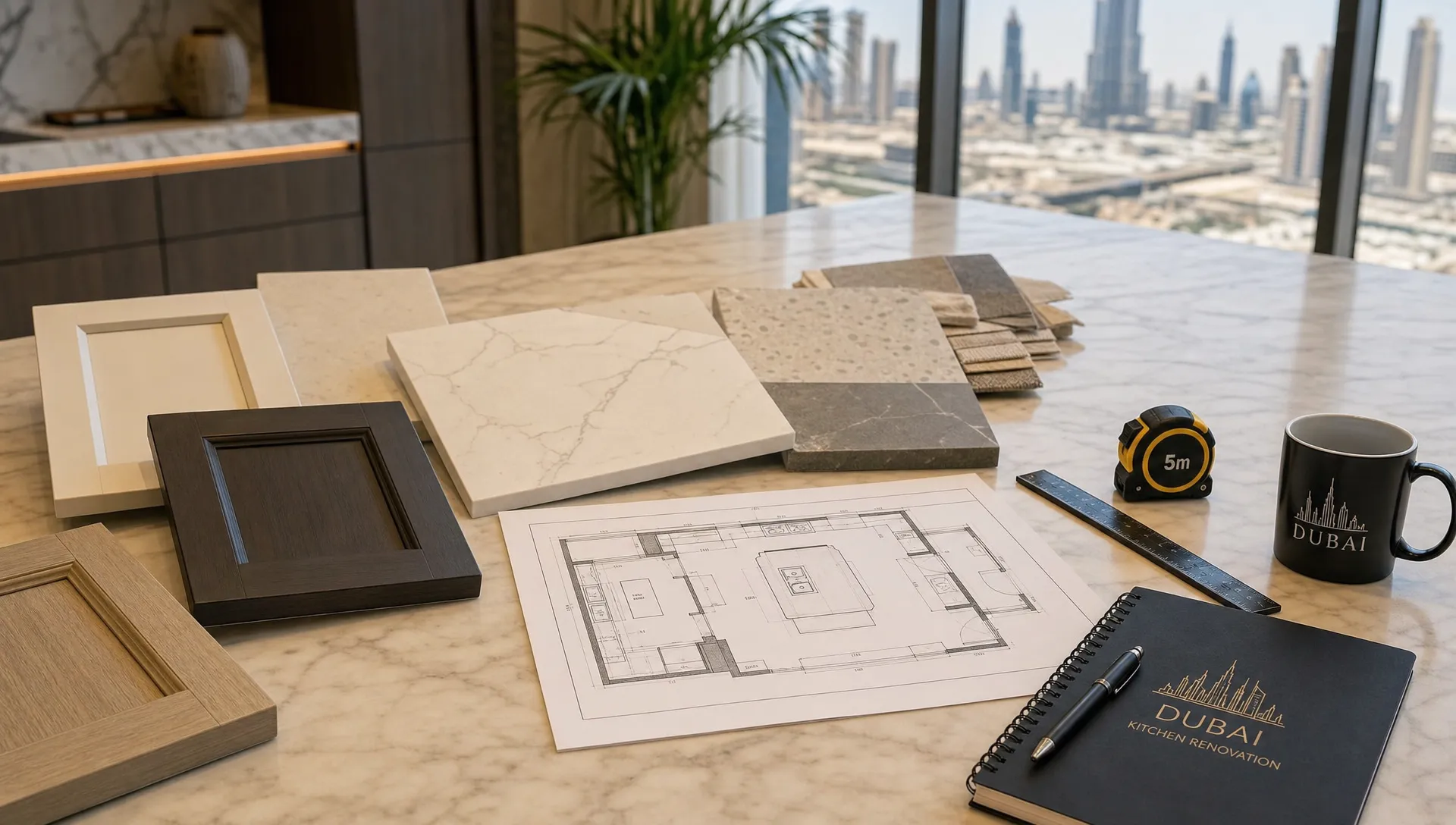 Cabinet samples, countertop materials, a floor plan, and tools are arranged on a kitchen island during a Dubai remodel.