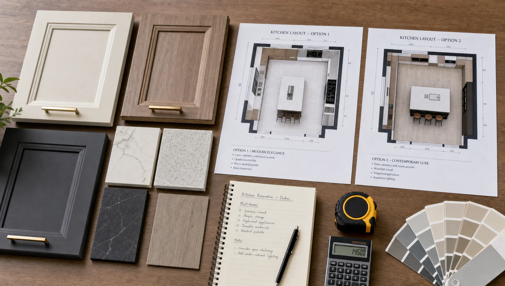 Cabinet samples, countertop swatches, floor plans, and tools are laid out for a Dubai kitchen renovation comparison.
