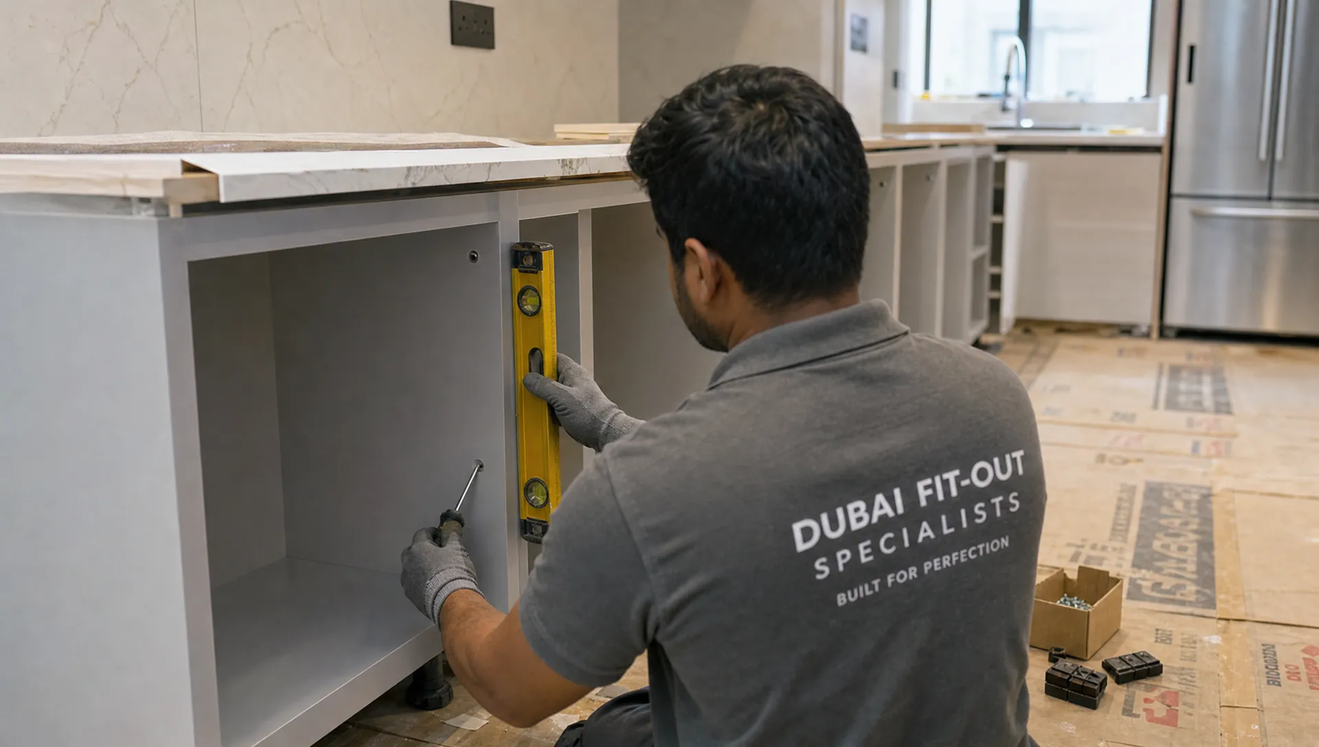Hands align a base cabinet during a Dubai kitchen renovation.