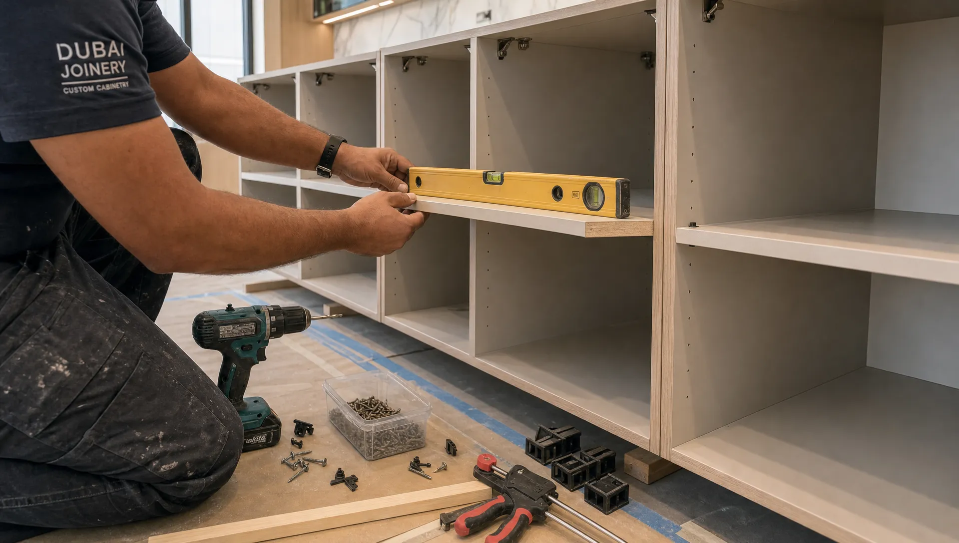 Hands align kitchen cabinets during a Dubai home remodeling project.