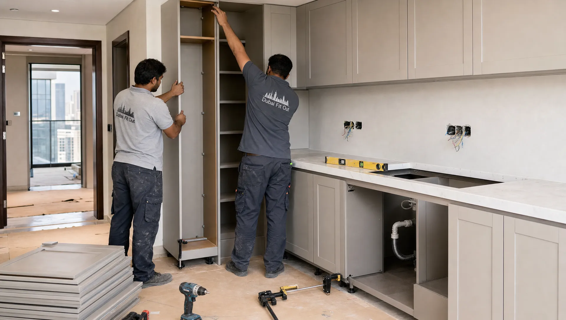 Two installers fit kitchen cabinets in a Dubai home, with tools, a sink cutout and unfinished outlets showing a remodel in progress.